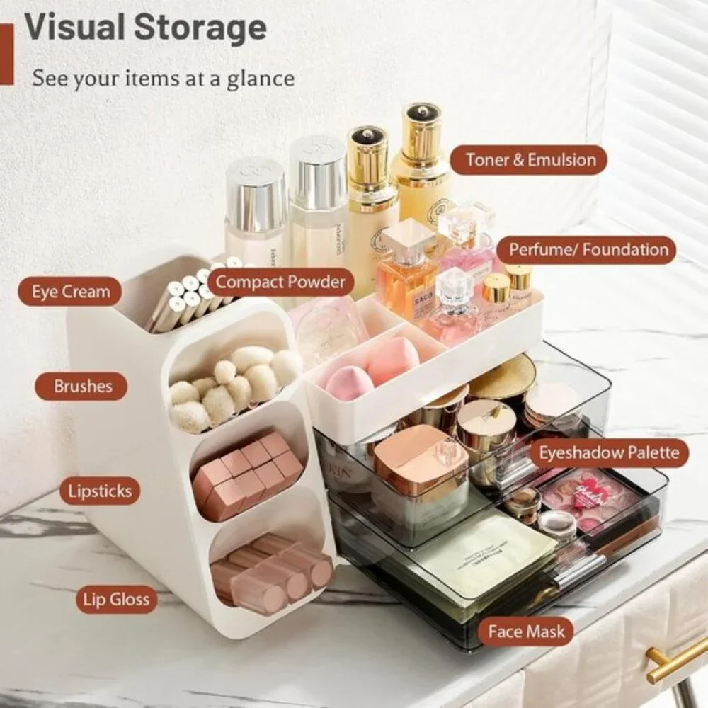 White Makeup Organizer with Drawers & Brush Holder for Vanity & Skincare Storage
